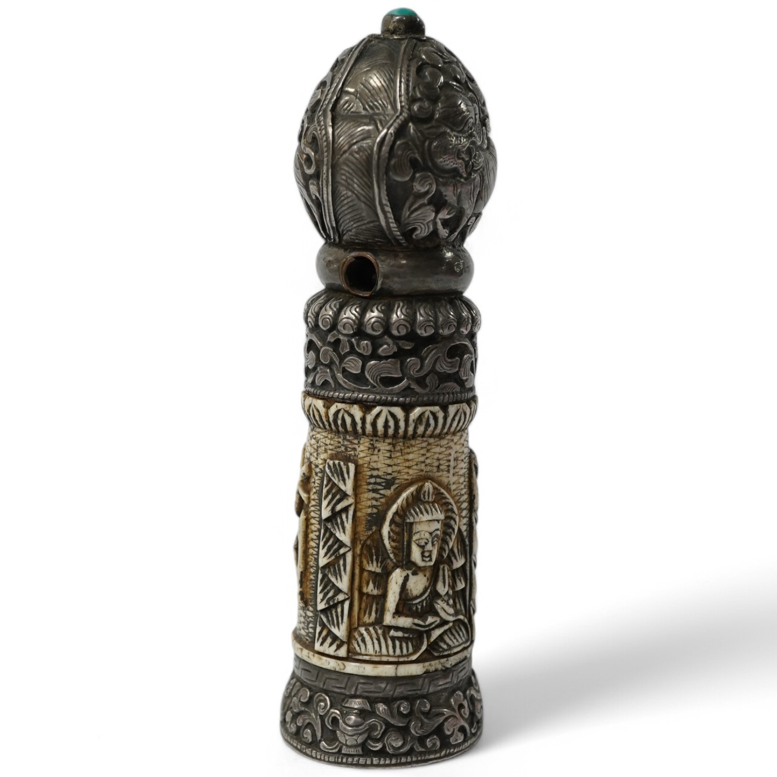 A Tibetan bone and repousse work seal, late 19th/early 20th century, 15cm high. Condition - fair